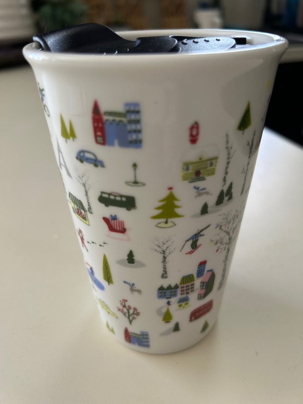 Opalhouse White Ceramic Travel Mug with Colorful Village Motif